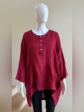 DEVITALIA Linen Top Blouse Tunic One Size, Red